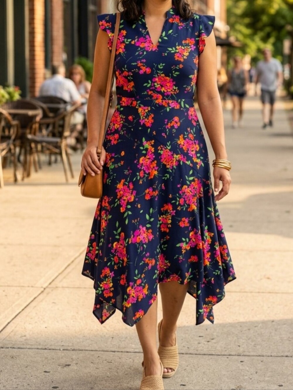 Nanette Lepore Floral Asymmetrical Midi Dress Navy Pink Orange Size 8 Flutter Sl